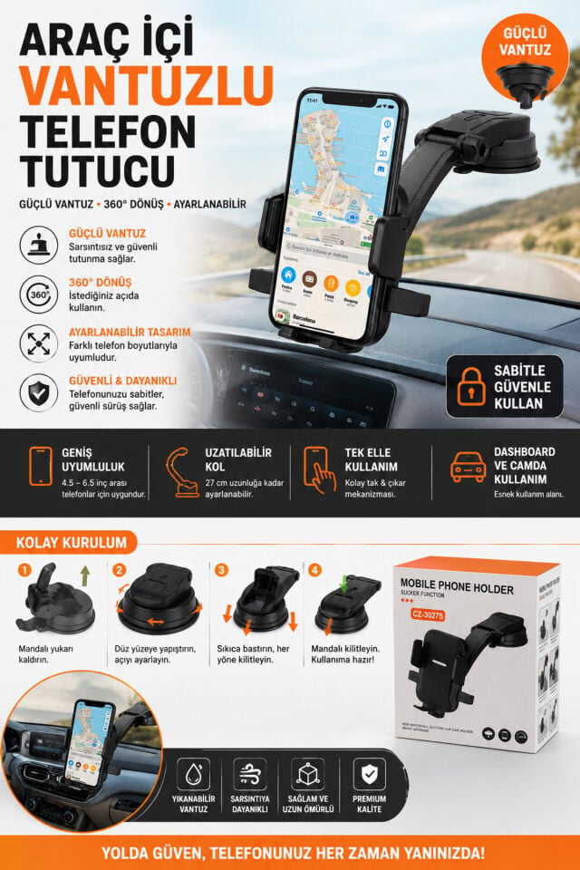 Araç İçi Vantuzlu Telefon Tutucu Ayarlanabilir