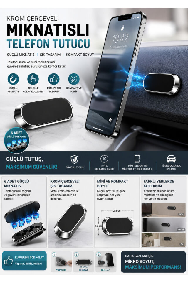 KROM ÇERÇEVELİ MIKNATISLI TELEFON TUTUCU