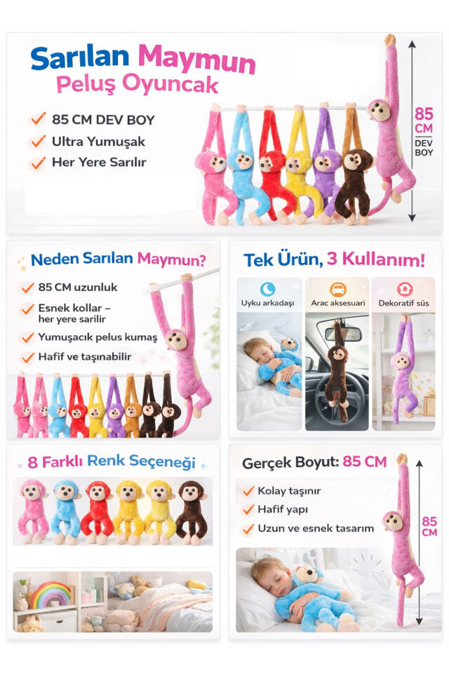 Sarılan Maymun Peluş Oyuncak 85 CM – Birbirine Yapışan Eller, Renkli Sevimli Askılı Oyuncak