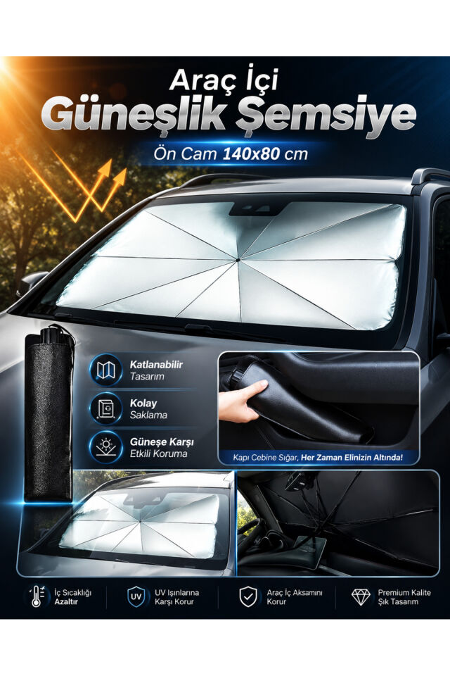 Araç İçi Güneşlik Şemsiye Ön Cam 140x80 cm – Katlanabilir Oto Güneş Koruyucu