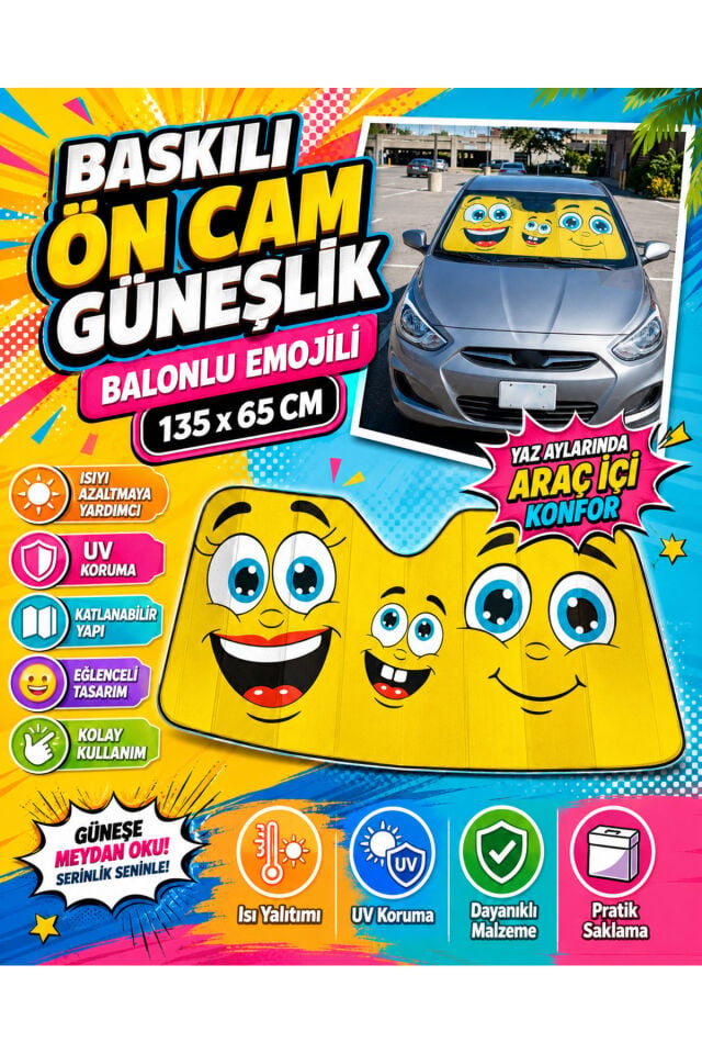 Baskılı Ön Cam Güneşlik Balonlu EMOJİLİ 135x65CM GÖRSEL AFİŞ