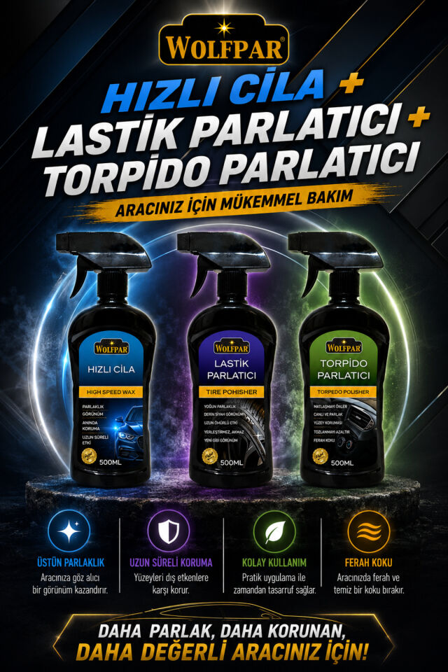 Hızlı Cila + Lastik Parlatıcı + Torpido Parlatıcı Seti (Aracınız İçin Pratik ve Etkili Bakım Çözümü)