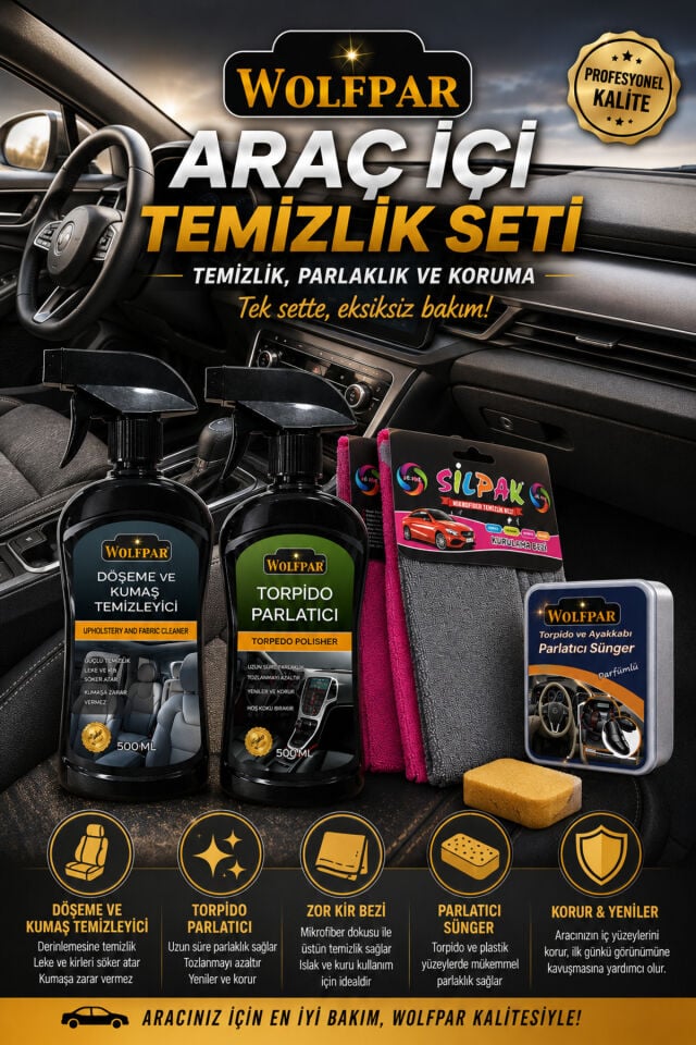 Araç İçi Temizlik Seti – Döşeme, Torpido ve İç Mekan Bakım Seti