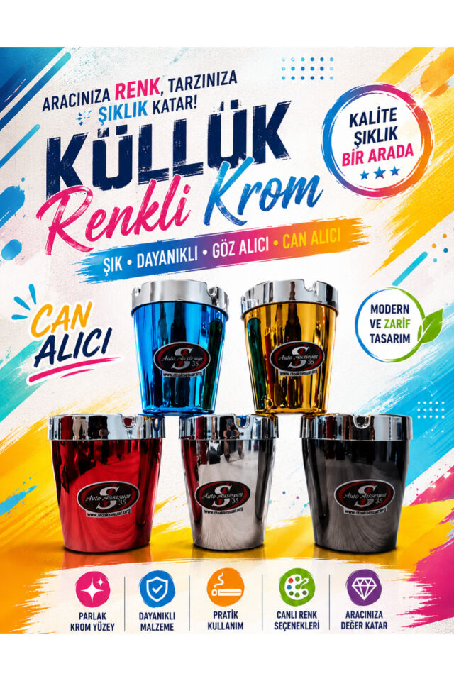 Renkli Krom Araç İçi Küllük – Şıklık ve Fonksiyonelliği Bir Arada Sunan Premium Tasarım