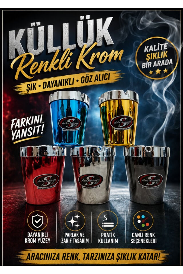 Renkli Krom Araç İçi Küllük – Şıklık ve Fonksiyonelliği Bir Arada Sunan Premium Tasarım