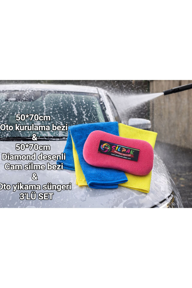 Silpak 3’lü Araç Temizlik Seti(50x70 Mikrofiber Kurulama Bezi+Diamond Cam Bezi+Oto Yıkama Süngeri)