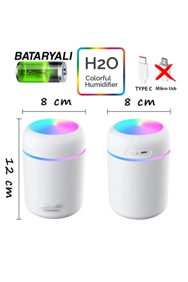 Araç İçi H2O RGB Nemlendirici Kablolu | Şarjlı Buhar Makinesi | Beyaz LED Işıklı Mini
