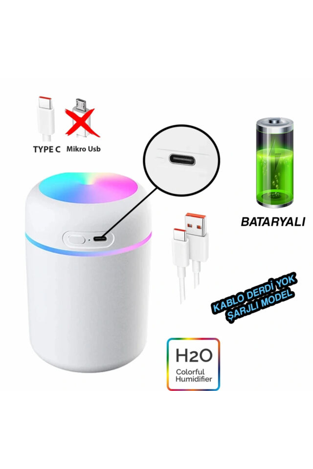 Araç İçi H2O RGB Nemlendirici Kablolu | Şarjlı Buhar Makinesi | Beyaz LED Işıklı Mini