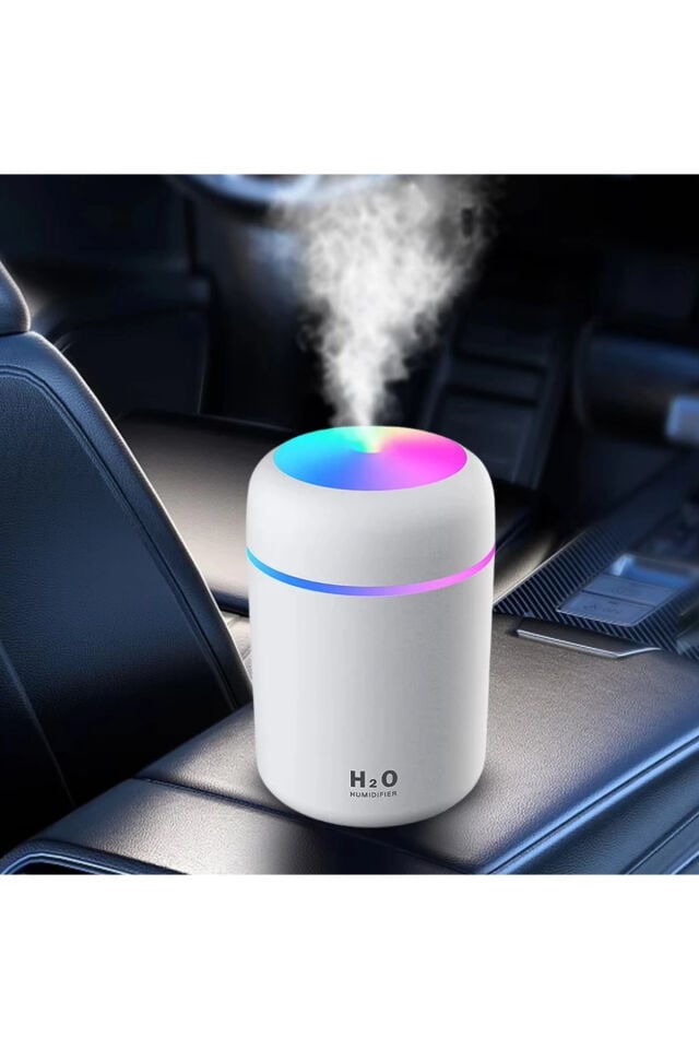 Araç İçi H2O RGB Nemlendirici Kablolu | Şarjlı Buhar Makinesi | Beyaz LED Işıklı Mini