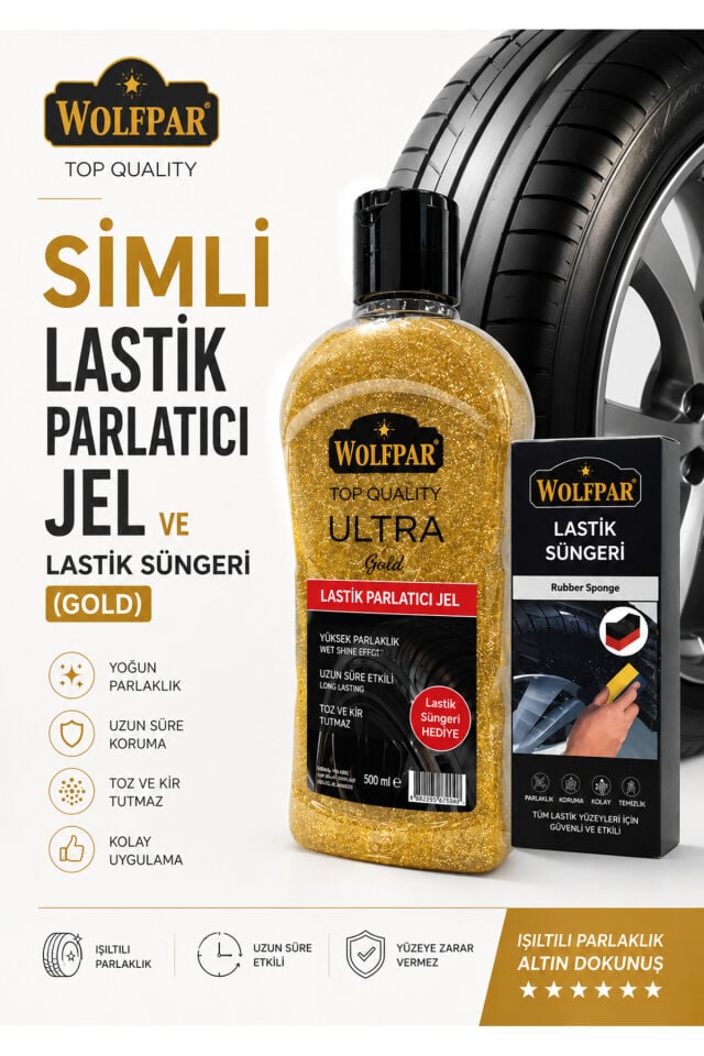Simli Lastik Parlatıcı Jel ve Lastik Süngeri (Gold)
