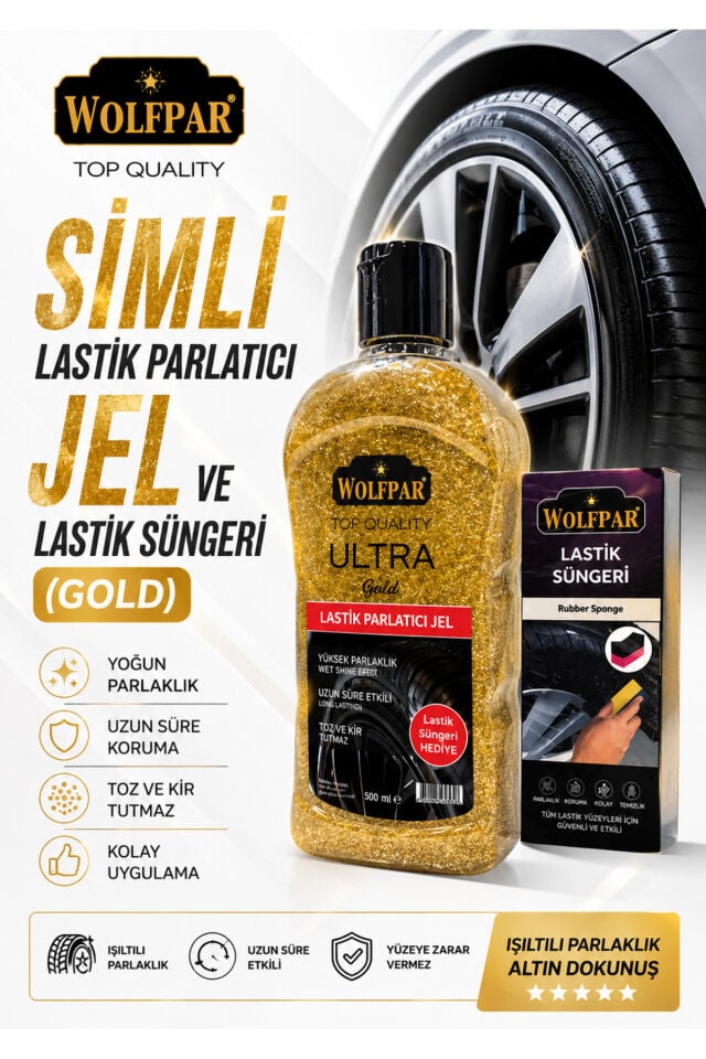 Simli Lastik Parlatıcı Jel ve Lastik Süngeri (Gold)