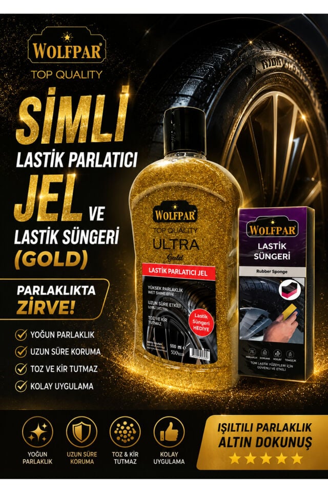Simli Lastik Parlatıcı Jel ve Lastik Süngeri (Gold)