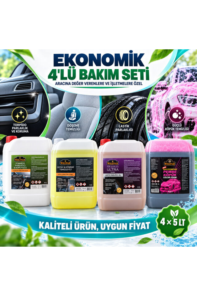 Ekonomik 4’lü Oto Bakım Seti 4x5 LT – Pembe Köpük Şampuan, Döşeme Temizleyici, Torpido ve Lastik Parlatıcı