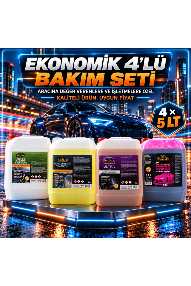 Ekonomik 4’lü Oto Bakım Seti 4x5 LT – Pembe Köpük Şampuan, Döşeme Temizleyici, Torpido ve Lastik Parlatıcı