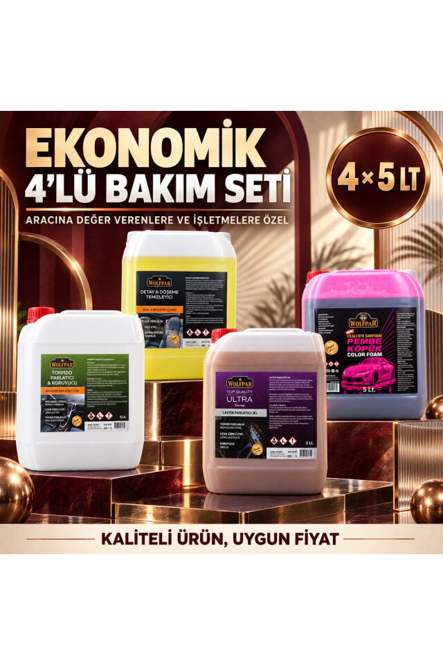 Ekonomik 4’lü Oto Bakım Seti 4x5 LT – Pembe Köpük Şampuan, Döşeme Temizleyici, Torpido ve Lastik Parlatıcı